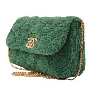 1. Πλεκτή Τσάντα Ώμου Crochet Velute Bag Πράσινο - Χρυσό